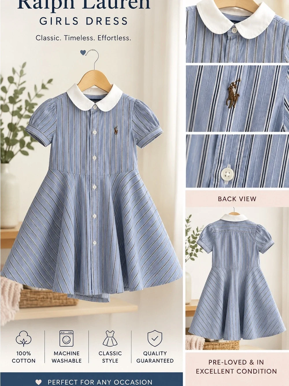 Ralph Lauren Blue and White Striped Cotton Fit-and-Flare Dress